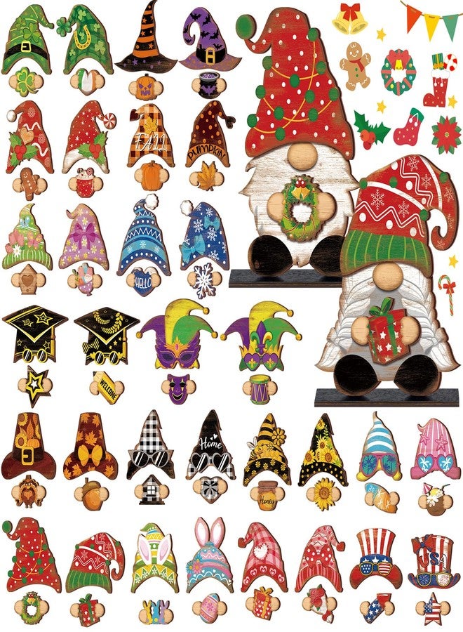Lineshading 68 Pcs Rustic Holiday Interchangeable Gnome Decor Farmhouse Wooden Seasonal Gnome Decoration with Detachable Hats Magnet Pieces for DIY Thanksgiving Christmas Fall Decor - Image 1